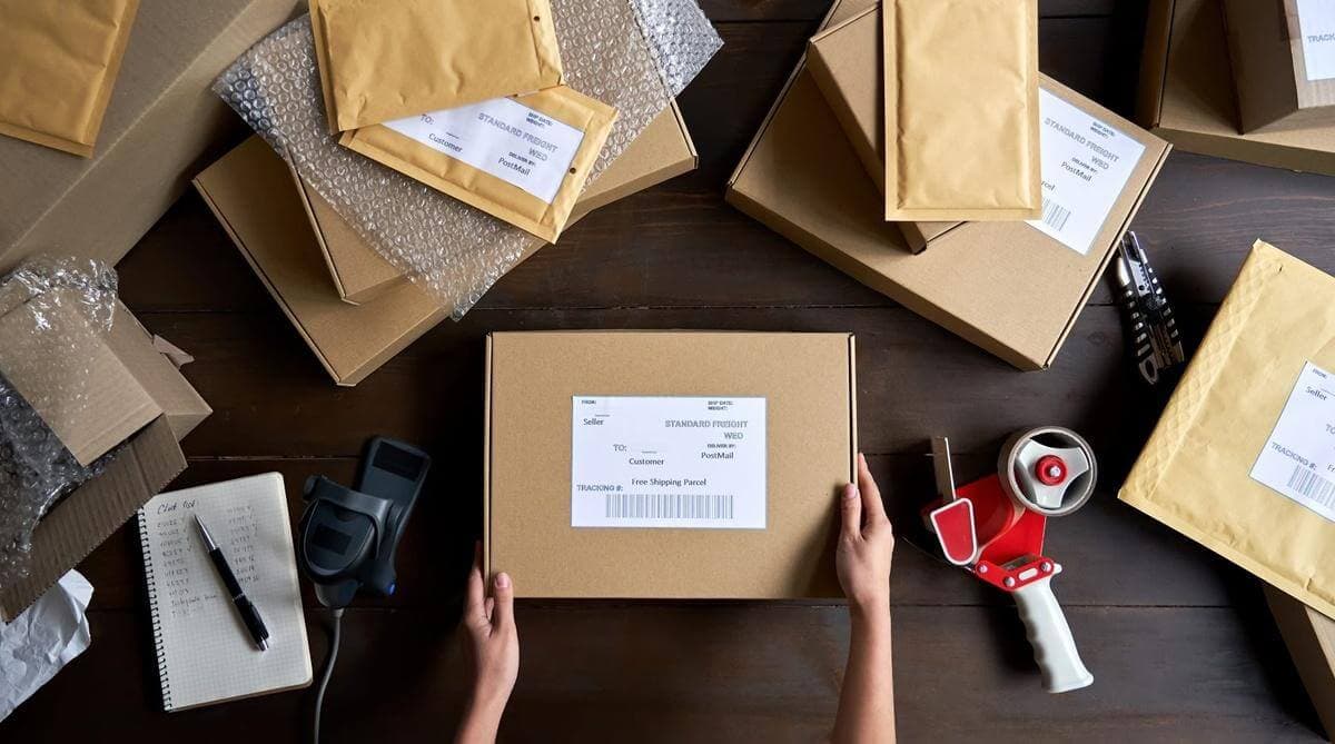 Blick von oben auf einen Schreibtisch auf dem diverse Pakete und Päckchen liegen und eine Person gerade ein Paket fertig gepackt hat. Wir zeigen dir, wie du mit einem Online-Shop-ERP deinen Workflow automatisierst!