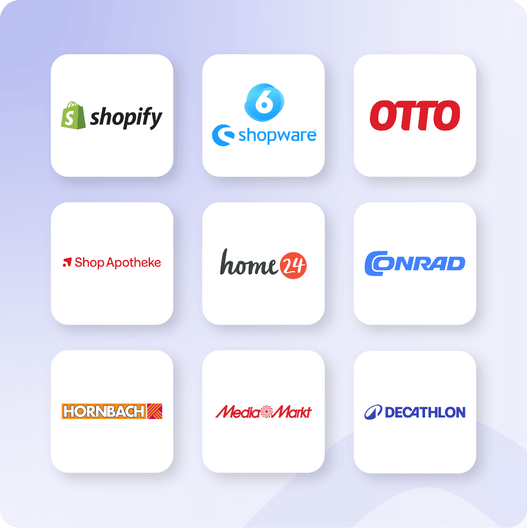 Verschiedene Integrationen, die mit Xentral Connect möglich sind: shopify, shopware, OTTO, Shop Apotheke, home24, Conrad, Hornbach, Media Markt und Decathlon