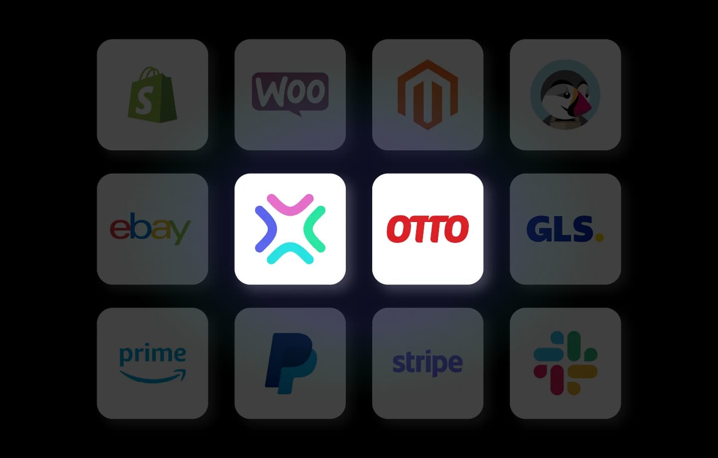 Die Logos von Xentral und OTTO Market nebeneinander. Angrenzend an die beiden Logos sind weitere Logos etwas transparenter zu sehen.