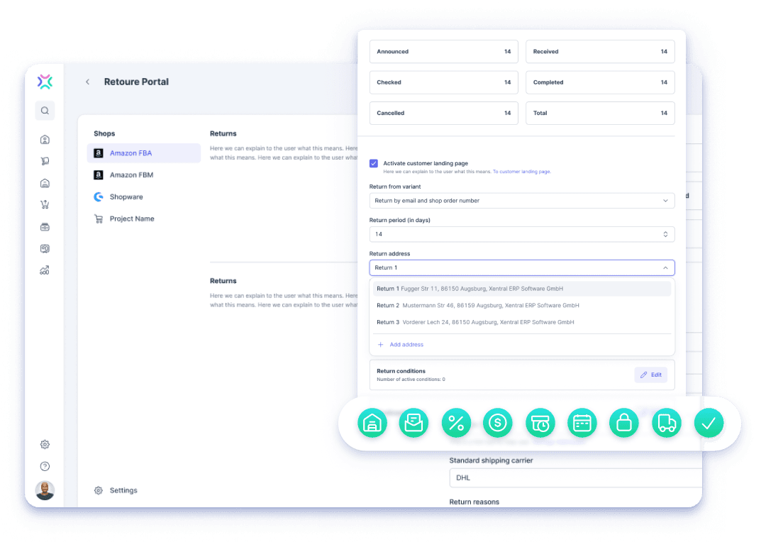 Xentral ERP für Retourenmanagement: Die Benutzeroberfläche des Retoure Portals in Xentral zeigt Statistiken zu angemeldeten, geprüften und abgeschlossenen Retouren sowie Konfigurationsmenüs für Rücksendeadressen und Shop-Anbindungen wie Amazon FBA.