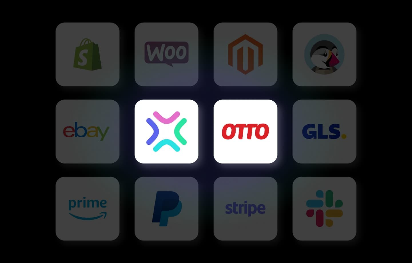 Die Logos von Xentral und OTTO Market nebeneinander. Angrenzend an die beiden Logos sind weitere Logos etwas transparenter zu sehen.