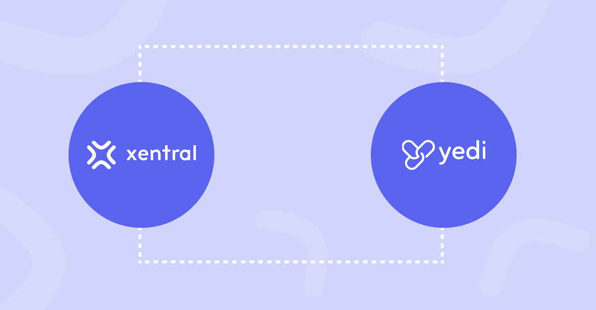 Die Grafik zeigt eine Verbindung zwischen Xentral und yedi. Die Logos beider Unternehmen in blaue Kreise auf einem hellblauen Untergrund eingebettet